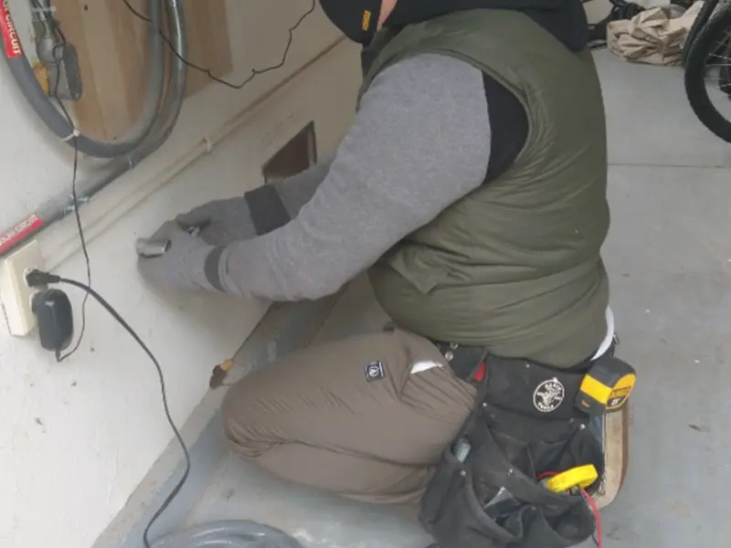 Electrician performing outlet wiring in a Princeton garage